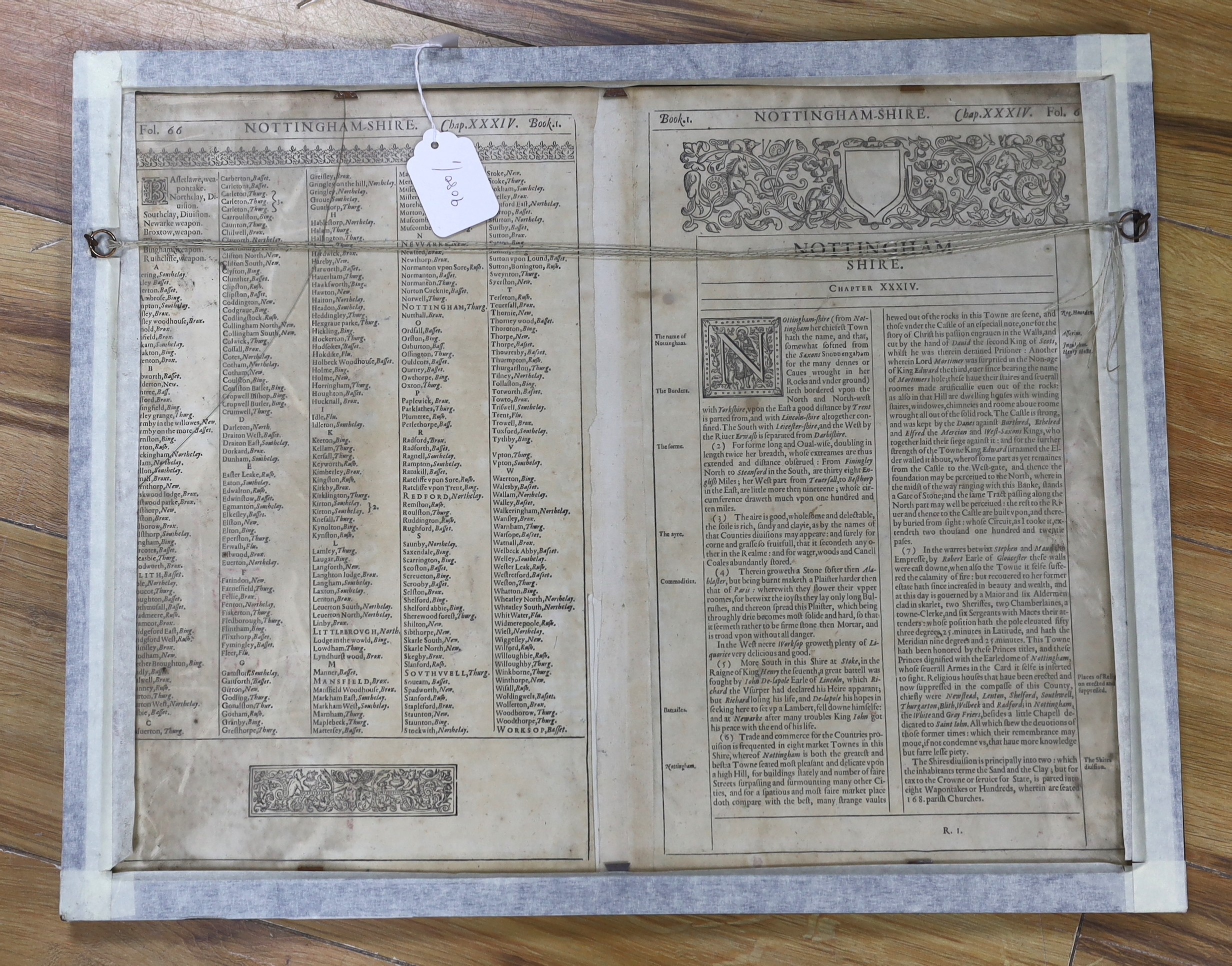 John Speede, coloured engraving, Map of Nottingham 1610, English text verso, 40 x 51cm